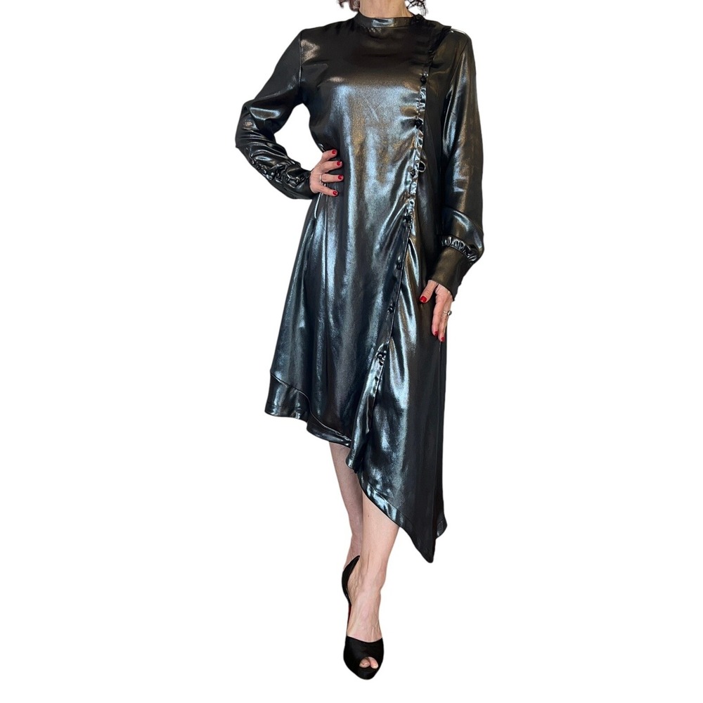 EACH X OTHER PARIS WOMEN'S DRESS ASYMMETRICAL METALLIC  LONG SLEEVE SHIRT MIDI S